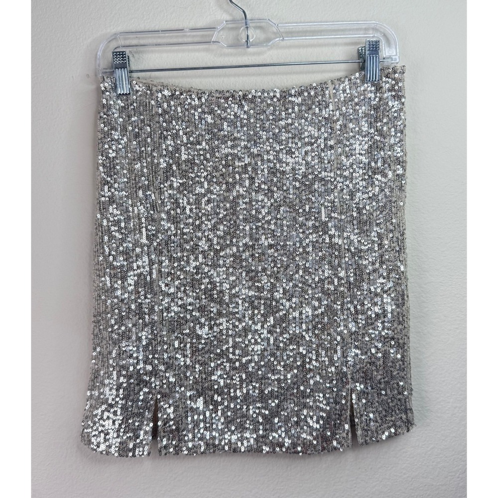 Love On A Hanger Skirt Womens 7 Silver Sequin Mini Party Slit Glam Sparkly